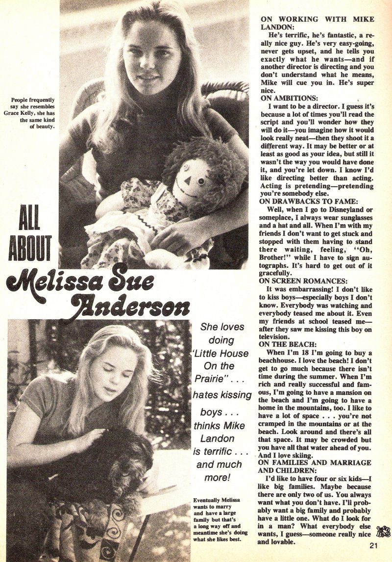 All About Melissa Sue Anderson page 1, picture of her holding doll and picture of her with Barney